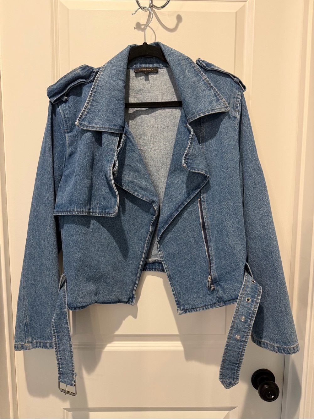 Olivaceous Cropped Denim Moto Jacket in Light Blue